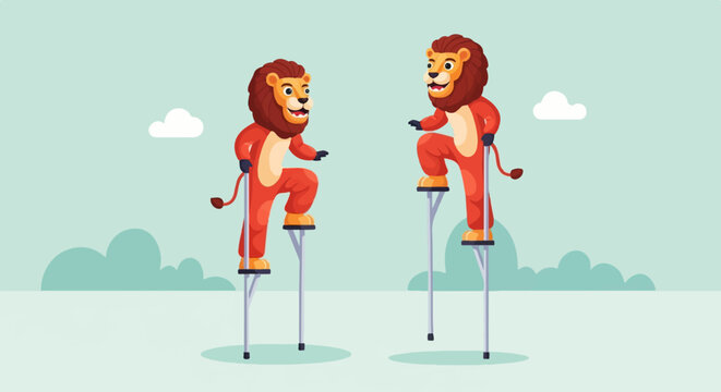 Two cartoon lions in red outfits stand on stilts under a cloudy sky