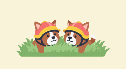 Fototapeta premium Two cute dogs wearing helmets peeking from grass