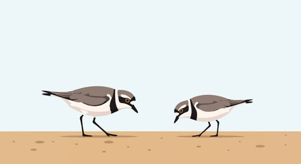 Obraz premium Two small shorebirds with brown and white plumage stand on sand