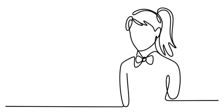 Continuous line drawing of a young girl with a ponytail wearing a stylish bow tie on white background Vector, illustration