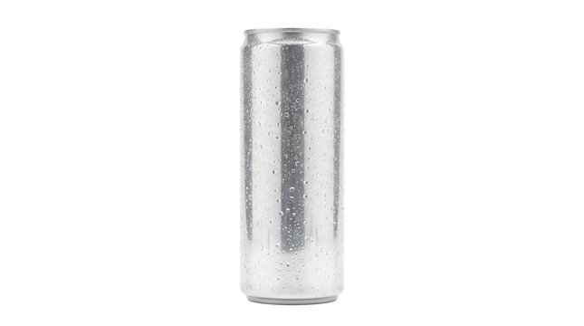 Condensation covered, tall silver aluminum beverage can (500ml slim design) with water droplets, isolated on a transparent background. Perfect blank mockup for soda, energy drink, or beer packaging.