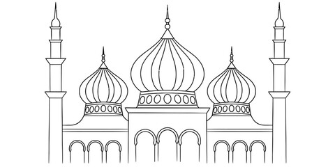 Simple line drawing of a traditional mosque with three domes and two tall minarets Vector, illustration © Pabon Art Gallery