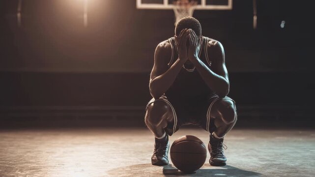 Basketball player frustrated with defeat at a dark stadium. This tired athlete and emotional failure scene shows a man squatting with a ball after a lost game for a sports pressure concept.