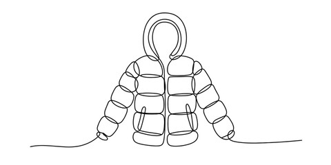 Continuous one line drawing of a puffer jacket with a hood for winter weather apparel design. Vector, illustration © Pabon Art Gallery