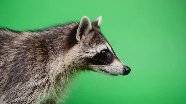 Raccoon portrait with green screen background for creative projects