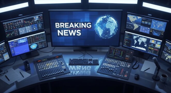 News broadcasting studio with multiple screens and control panels in a futuristic setting displaying global news updates and breaking news