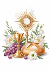 First Holy Communion watercolor composition with golden chalice, host, grapes, bread and white roses, religious christian celebration element isolated on white background