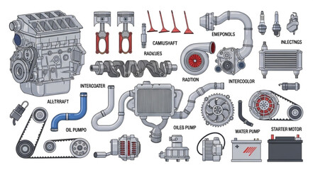 Car Engine Parts Diagram Illustration.