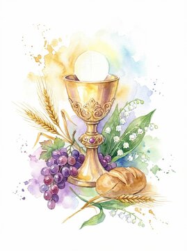 First Holy Communion watercolor composition with golden chalice, host, grapes, bread and white roses, religious christian celebration element isolated on white background