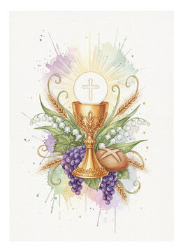 First Holy Communion watercolor composition with golden chalice, host, grapes, bread and white roses, religious christian celebration element isolated on white background