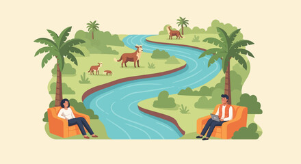 Obraz premium Two people relax near a river with animals and palm trees