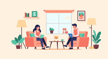 Obraz na płótnie Canvas Two people relaxing in armchairs with laptops and pets nearby