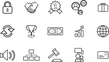 A collection of simple line icons representing business and finance concepts displayed on a clean white background from a straightforward viewpoint
