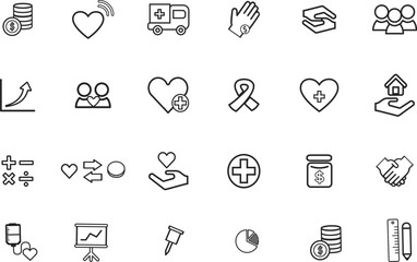 Collection of simple line icons representing health, charity, and medical themes on a clean background viewed from directly above