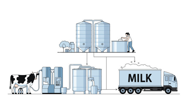 Detailed flowchart illustrating the modern milk production process, from cow milking and processing in silos to packaging and delivery by truck.