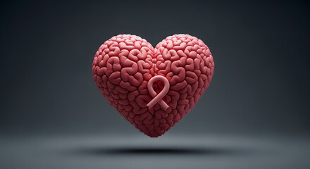 Obraz premium A stylized heart shape formed from a human brain is adorned with a pink ribbon.