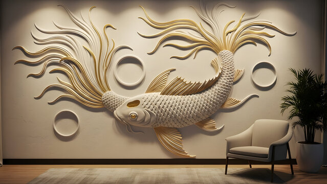 Golden Carp: Three Circular Motifs Above a Plush Rug
Flowing Fins on a Wall Sculpture: Circles and Gold
Elegant Carp Relief: Circular Designs and Plant
Artful Fish: Gold Scales and Circular Orbs
Sculp