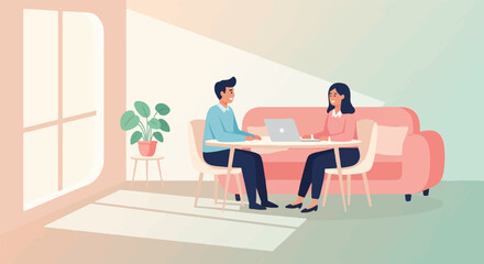 Two people at table with laptop, sofa and plant in room