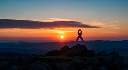 Fototapeta premium A pink ribbon is silhouetted against a vibrant sunset over a mountainous landscape.