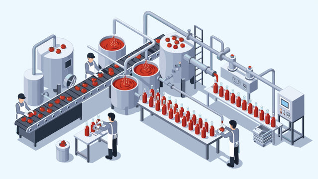 Complex isometric illustration of a tomato processing and bottling factory production line, with workers overseeing each stage of food manufacturing.