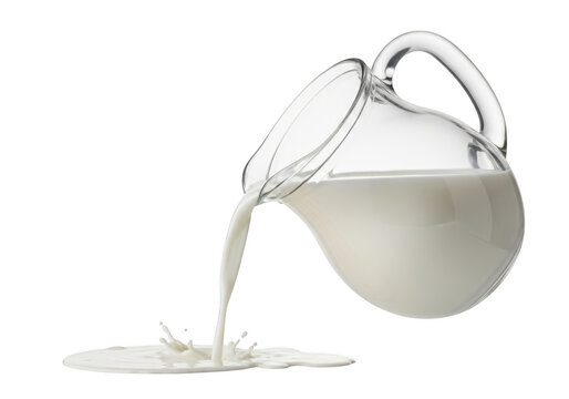 A jug of milk pouring into a puddle isolated on transparent background