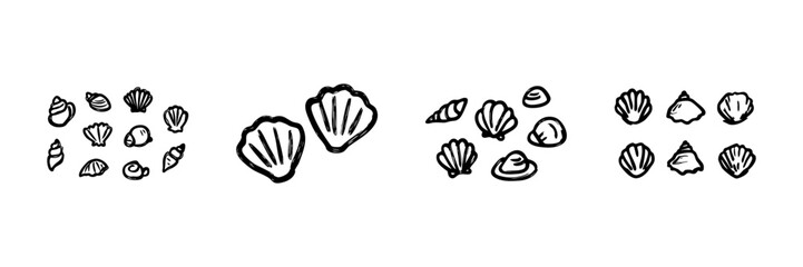 Seashell Collection Line Icon Set In Doodle Style. Marine Life, Beach Decor, And Oceanic Theme Outline Sketch Collection. Coastal And Nautical Elements. Hand Drawn Isolated Vector Illustration