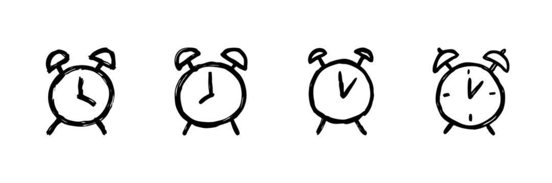 Alarm Clock Line Icon Set In Doodle Style. Time Management, Punctuality, And Wake-Up Call Outline Sketch Collection. Hand Drawn Isolated Vector Illustration