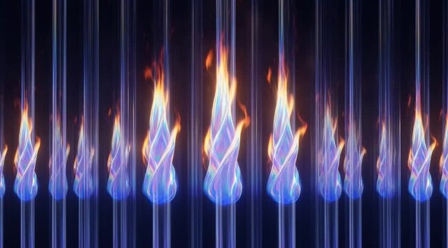Psychedelic iridescent holographic flames flow up vertical tubes abstract scifi energy background