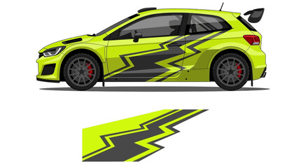 Fototapeta premium Vibrant yellow and lime green race car with angular zigzag livery and bold graphic wrap.