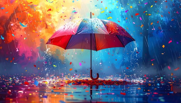 Paraguas rojo bajo lluvia intensa con explosi&oacute;n de colores y reflejos vibrantes