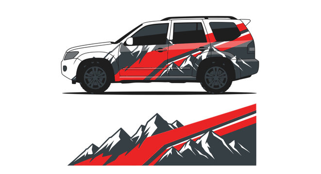 Graphic van with bold mountain motif used for travel and adventure branding.