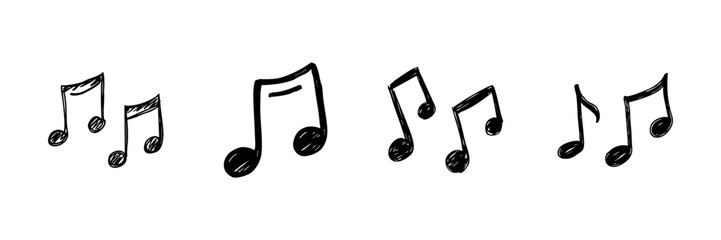 Musical Notes Line Icon Set In Doodle Style. Melody, Rhythm, And Sound Representation Outline Sketch Collection. Hand Drawn Isolated Vector Illustration
