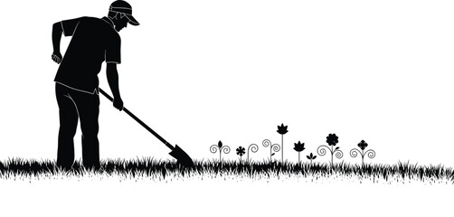 Black silhouette of a male gardener digging in a garden with a shovel isolated on white background for landscaping design © Md