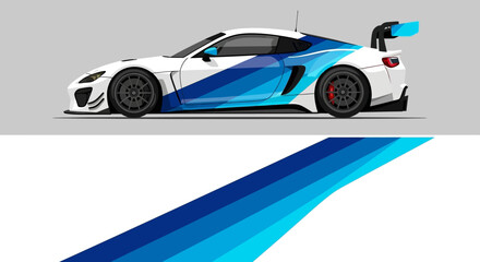 Sleek blue and white race car illustrated in motion with dynamic racing graphics and ramp accents. © AhzaArdiansyah