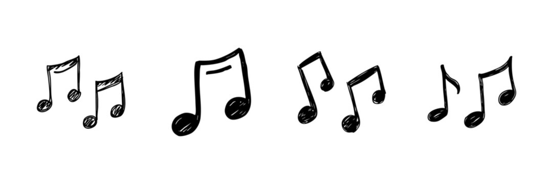 Musical Notes Line Icon Set In Doodle Style. Melody, Rhythm, And Sound Representation Outline Sketch Collection. Hand Drawn Isolated Vector Illustration