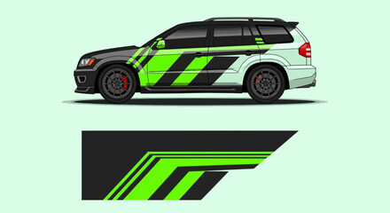 Side profile of a police patrol car with bright neon green stripes on a light background. © AhzaArdiansyah