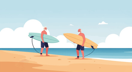 Two elderly men with surfboards stand on a sandy beach by the ocean