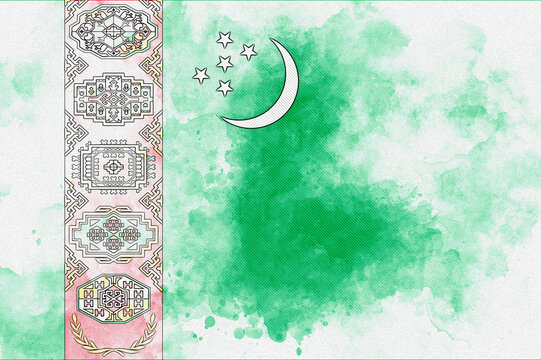 Turkmenistan National Flag Watercolor Illustration with Traditional Carpet Guls, Crescent Moon, and Five Stars Representing National Unity and History