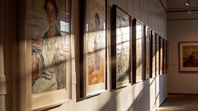 Gallery wall with framed paintings and dynamic light trails