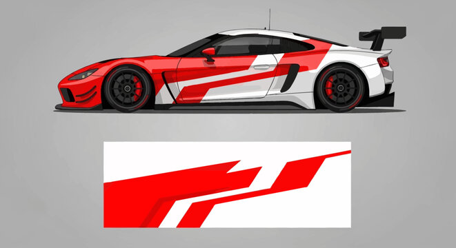 Sporty red and white race car with bold angular graphic decals and branding.