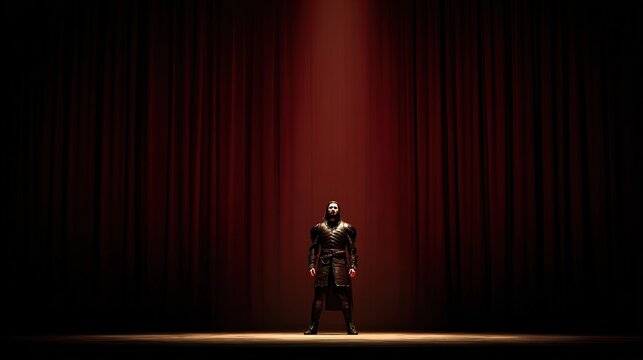 tenor. Spotlight on opera stage illuminating tenor singer in armor, dramatic shadows, red curtain background. event programs.