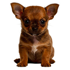 Small brown dog sitting on top of black floor next to black.