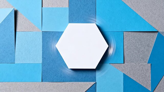 Abstract geometric composition with white hexagon and blue triangular shapes
