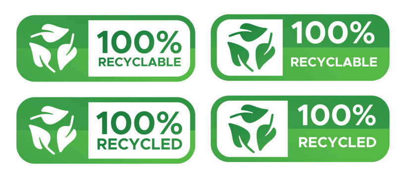 100% Recyclable Recycled Green Badges &ndash; Sustainable Packaging Certification Icons Set