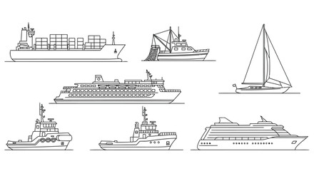 Set of maritime vessel line icons including cargo ship and cruise liner © Sadew