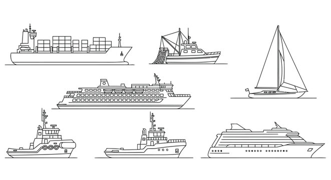 Set of maritime vessel line icons including cargo ship and cruise liner