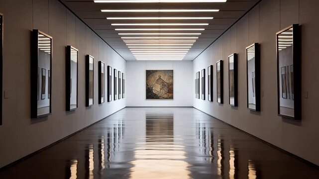 Art exhibition corridor with framed paintings on walls and track lighting
