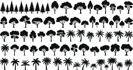 Tree silhouettes mega collection featuring pine, palm, deciduous and tropical trees, forest and park vegetation shapes, natural botanical elements icons isolated on white background © Rasma