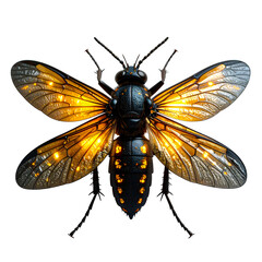 Black and yellow insect on black background with light coming from it.