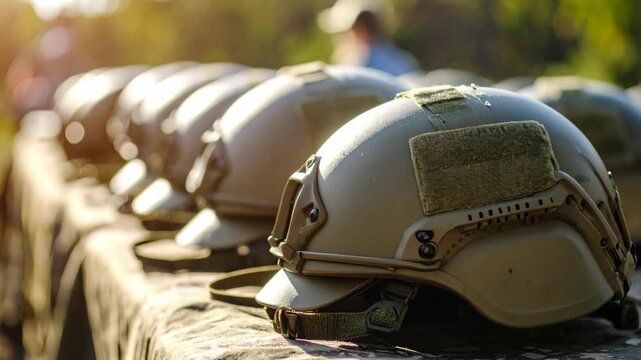 Military helmets arranged in a row on a camouflage surface with soft focus background